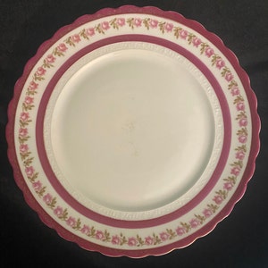 Austrian Porcelain Luncheon Plate, Hand Painted Dark Pink Bands with Ring of Roses, Rare Crescent Moon and Star Porcelain Mark, c. 1930s