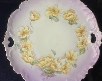 Extremely Rare Antique Arian Porcelain Cake Plate, Made in Germany, c. 1880’s, Hand-Painted Reticulated Embossed,  Gold Rim, Pierced Handles