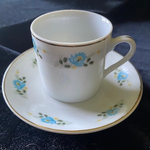 White Porcelain Demitasse Teacup & Saucer Set, White Porcelain with Hand Painted Cornflower Blue Flowers, Gold Trim, Vintage from China