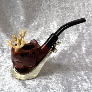 Pipa con cabeza de alce tallada a mano / Pipa de brezo italiano de 12,7 cm con astas extraíbles / Pipa de tabaco vintage hecha en Italia