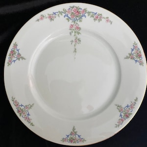 Tirschenreuth Dinner Plate, 9-5/8 Inches, &quot;The Eton 4251&quot; Pattern, Pink Flowers with Blue Scroll on Rim, Bavaria, Germany, c. 1920&#39;s