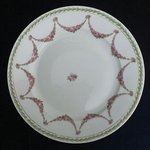 Moritz Zdekauer (MZ Austria) Luncheon Plate, 9 Inch, Hand Painted Pink Rose Swag, Green Leaf Rim, Center Rose, Altrohlau, Austria, 1884-1909