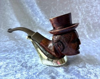 Pipa italiana vintage de brezo con figura de hombre con sombrero de copa, 15 cm, cazoleta de 5 cm, fabricada en Italia, pipa de coleccionista de mediados de siglo.