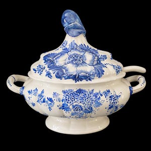 Extra Large Italian Blue & White Faience Soup Tureen w Lid and Ladle | Hand-Painted | Made in Italy
