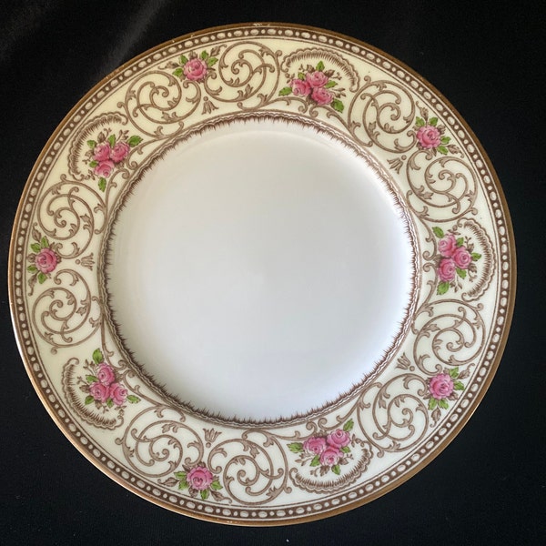 Antique Wedgwood Bread and Butter Plate, Tan Scrolling with Brown Trim and Pink Roses on Rim, Ivory Center, England, c. 1908-1919