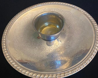 Round Serving Platter with Dip/Sauce Bowl, Oneida Silverplate, Mid-Century