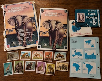 Kit de colección de sellos del Reino Animal del Servicio Postal de los Estados Unidos (USPS) de la década de 1970 / Sellos de animales de todo el mundo / Álbum de sellos para principiantes / Regalo filatélico