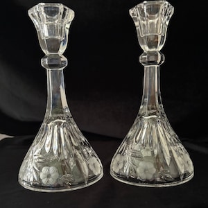 Candlestick Holder Pair, 7-Inch, Lead Crystal, Etched with Floral Motif and Swirls, c. 1970&#39;s