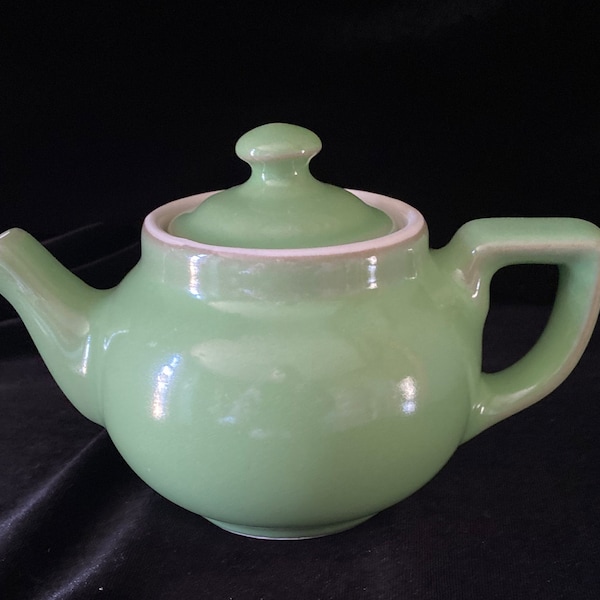 Hall China Lidded Teapot, Celadon Mint Green, "Boston" Style, Hall China Co., East Liverpool, OH, Made in USA