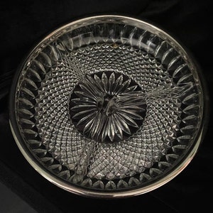 Divided Relish/Olive Dish, Precision-Cut Glass with Silverplate Rimming, c. 1970&#39;s