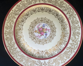 Dinner Plate, "PUL17R" Pattern by Pfeiffer and Lowenstein, PULS, Czechoslovakia, Red Rims and Gold Filigree on Cream, Floral Center, c 1940s