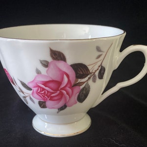 Chinese Teacup, White Porcelain with Bright Pink Roses, Gray-Brown Leaves with Gold Trim, Made in China
