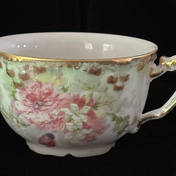 Antique AKCD Limoges (Klingenberg and Dwenger) Teacup, Hand Painted Pink Floral with Shaded Green, Gold Trim; Limoges, France, 1900-1910