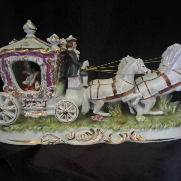 Porcelain Carriage Coach with Coachman, Four Horse Team and Princess as Passenger, Multicolored with Gold Trim, Germany
