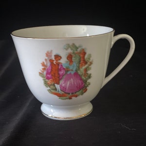 Chinese Teacup, Victorian Couple in Garden, Multicolored, Gold Trim, Made in China, Zhongguo Xin Hua, Mid-Late Century