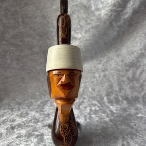 Vintage Hand-Carved Wooden Tobacco Pipe – Figural Man’s Head with White Hat – Folk Art Collectible Pipe – Never Used