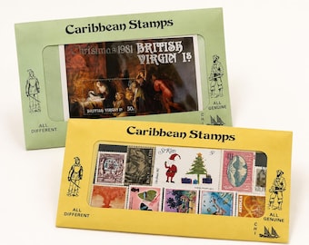 Vintage Caribbean Stamp Lot MNH | 1981 British Virgin Islands Christmas Souvenir Sheet | 10 Worldwide Stamps | Original Envelopes