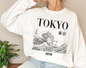 Tokyo Japan Crewneck Sweatshirt: Vintage Graphic Wave Sweater