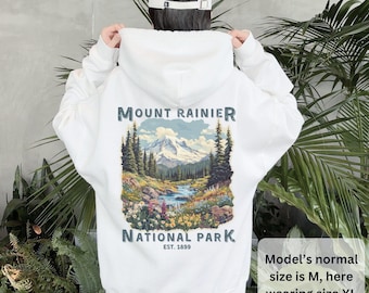 Mount Rainier National Park Hoodie: Back Graphic Hiking Sweatshirt