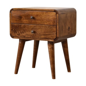 Solid Mango Wood Curved Chestnut Bedside Table,  Small 2 Drawer Wooden Nightstand, Modern Bed End Table