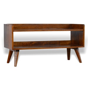 Chestnut Finish Large Wooden Storage Bench, Solid Mango Wood Bench with Shelf, Wooden Entryway Bench