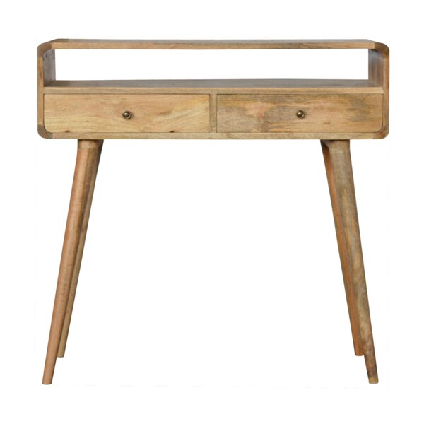 Curved Oak-ish Console Table, Natural 2 Drawer Console Table with Open Slot, Solid Mango Wood Console Table