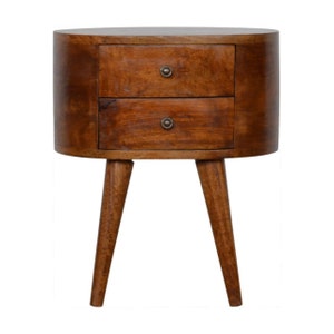Chestnut Rounded Nightstand with Drawers, Mango Wood Bedside Table, Solid Wood Bed End Table with Drawers