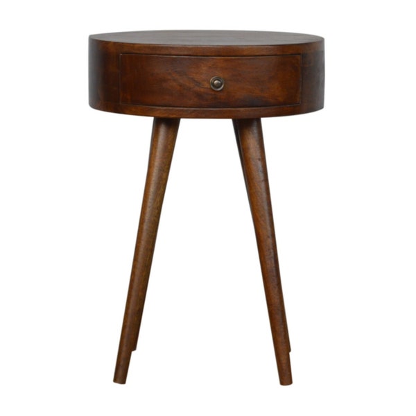 Nordic Chestnut Circular Shaped Nightstand, Mango Wood Nightstand, Solid Wood Beside Table, Wood Bed End Table with Pull Out Drawer