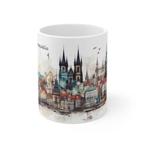 Prague Mug, Czech Republic 11oz ceramic mug for coffee, tea and more. Travel souvenir, unique gift and special gift for men and women.