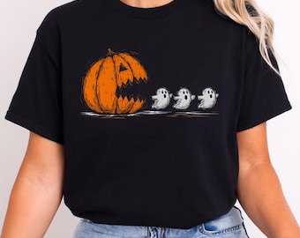 Halloween Pumpkin Eat Ghost Shirt, Funny Halloween Shirt, Halloween Gamer Gift, Halloween Party Tee, Pumpkin Pac Man Shirt, Spooky Ghost Tee