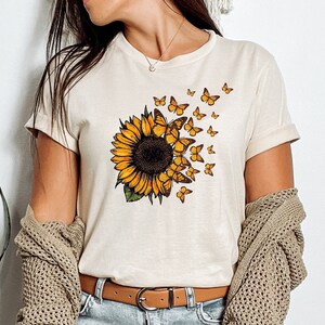Sunflower Butterfly Shirt, Butterfly Tee, Mothers Day Gift Shirt, Sunflower Shirt, Floral V-neck, Flowers Gift T-shirt, Botanical Tee, Cute