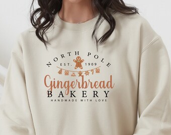 North Pole Gingerbread Bakery Sweatshirt, Gingerbread Sweater, Vintage Christmas Sweatshirt, Xmas Gift, Trendy Christmas Sweater for Women
