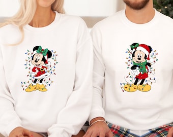 Disney Couples Sweatshirt, Mickey and Minnie Mouse Christmas Lights Hoodie, Xmas Party Sweatshirt, Disneyland Vacation Holiday, Couple Gift