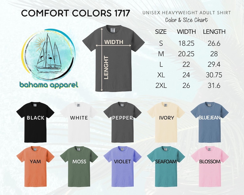 The image is a color and size chart for an adult t-shirt, featuring various t-shirt designs in different colors and sizes.
