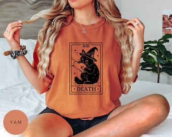 Tarot Card Black Cat Comfort Colors® Shirt, Tarot Death T-Shirt, Witchy Cat Shirt, Spooky Cat Gift, Halloween Black Cat Shirt,Cat Lover Gift