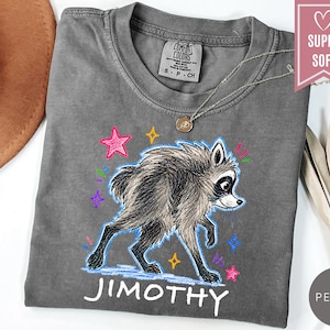 Puede incluir: Una camiseta gris carb&oacute;n con una ilustraci&oacute;n gr&aacute;fica de un mapache de pelaje esponjoso y marcas oscuras en los ojos. El dise&ntilde;o incluye estrellas coloridas de estilo dibujado a mano y el nombre JIMOTHY en letras may&uacute;sculas blancas debajo.