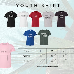 May include: A display of youth shirts in various colors, including black, white, red, and gray. The image includes a size chart with measurements in inches, detailing width and length for sizes S to XL. The text "YOUTH SHIRT" is at the top.