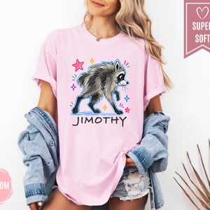 Puede incluir: Una camiseta de color rosa claro con un gr&aacute;fico de un mapache gris y el texto JIMOTHY debajo. El dise&ntilde;o incluye estrellas coloridas dibujadas a mano en rosa, azul y amarillo. La camiseta tiene mangas cortas y cuello redondo.