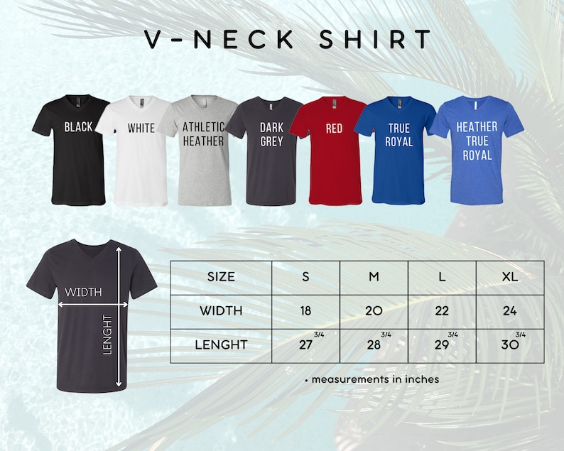 May include: A display of V-neck shirts in various colors: black, white, athletic heather, dark grey, red, true royal, and heather true royal. The image includes a size chart with measurements in inches for width and length, ranging from S to XL.