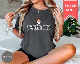 Christian Halloween Shirt, Cute Ghost Pumpkin Spice Coffee Tee, Fall Jesus Shirt, Trick or Treat Faith Apparel, Bible Verse Women’s Gift