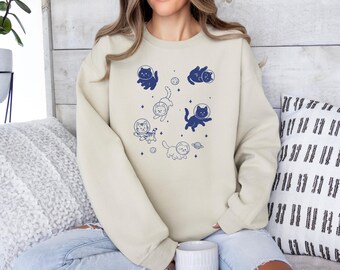 Cats in Space Sweatshirt, Funny Cat Graphic Sweatshirt, Retro Space Cat Crewneck, Aesthetic Vintage Style, Cat Lover Gift
