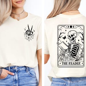 The Reader Tarot Card Front And Back Printing Shirt, Book Lover Tee, Tarot Card Shirt, Skeleton Reading T-shirt, Book Lover Gift For Women