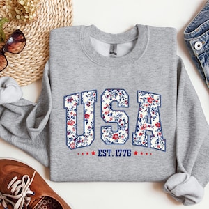 Floral USA Sweatshirt: Patriotic Varsity Crewneck, 4th of July Hoodie