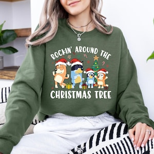 Rockin' Around The Christmas Tree Blue Dog Family Sweatshirt , Family Matching Christmas Sweatshirt , Cute Cartoon Christmas Hoodie