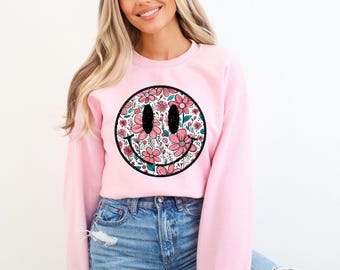 Smiley Face Sweatshirt, Flower Sweatshirt, Retro Smile Face, Trendy Vintage Graphic Hoodie, Cute Smile Sweater, Flower Happy Face Hoodie