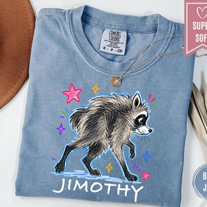 Puede incluir: Una camiseta de manga corta color azul gris&aacute;ceo con una ilustraci&oacute;n gr&aacute;fica de un mapache de pelaje esponjoso. El dise&ntilde;o incluye estrellas coloridas dibujadas a mano y el nombre JIMOTHY impreso en letras may&uacute;sculas blancas bajo el gr&aacute;fico.