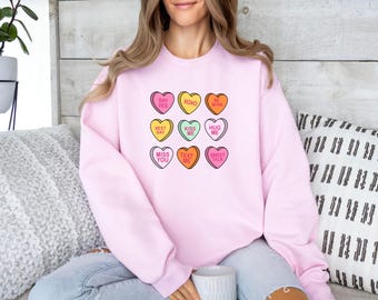 Valentines Conversation Hearts Crewneck Sweatshirt, Candy Heart XOXO Be Mine Graphic, Cute Valentine Gift, Cozy Love Sweater