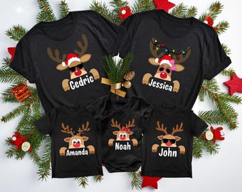 Camiseta navideña familiar de renos, camiseta navideña familiar personalizada, camiseta con nombre familiar personalizado, camiseta navideña divertida, regalo de Navidad, regalo de Navidad