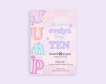 Editable Jump Birthday Party Invitation, Pink and Purple Jump Birthday Party, Trampoline Party Let&#39;s Jump Party Instant DIY with Canva