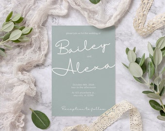 Minimalist Wedding Invitation, Sage wedding invitation, Sage green invitation, Light Green Wedding template, Green invitation, DIY Wedding